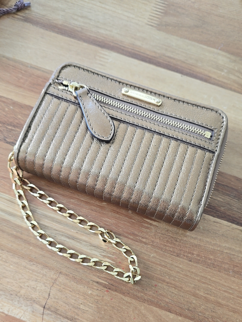 Burberry Metallic Bronze Quilted Wristlet Wallet with Gold Chain